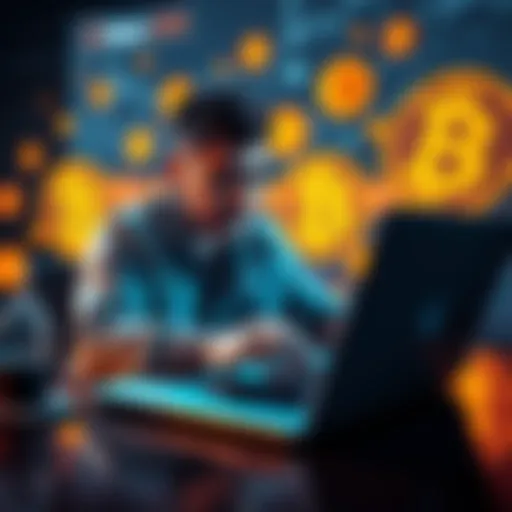 A person analyzing cryptocurrency security on a laptop with Bitcoin symbols in the background.