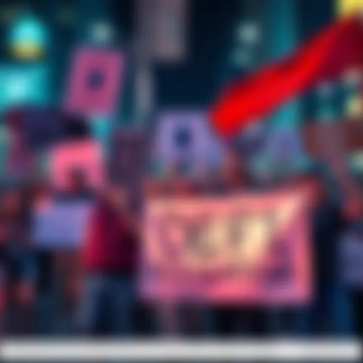 Crypto enthusiasts protesting against proposed regulations on DeFi protocols with signs and banners