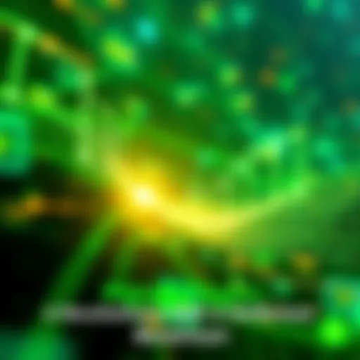 Illustration of PulseChain blockchain technology representing speed and environmental sustainability with green elements and fast-moving data blocks.