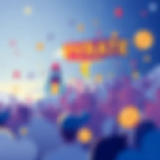 Illustration of a vibrant community promoting the $PYRATE marketing campaign with graphics of rockets and coins