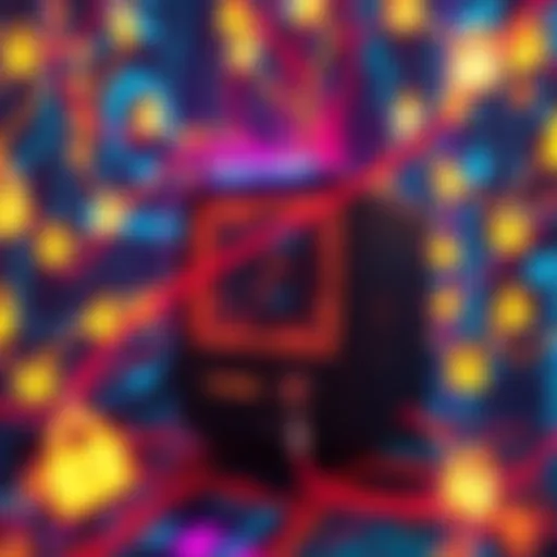 A quantum computer with digital encryption symbols surrounding it, illustrating the potential conflict between advanced technology and security measures.