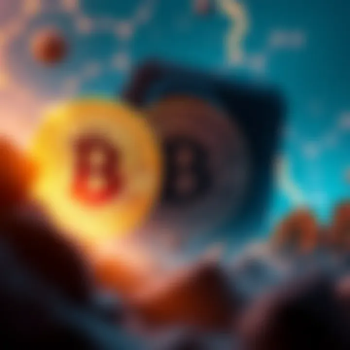 A digital representation of Bitcoin with a looming quantum computer in the background, symbolizing the threat to crypto security.