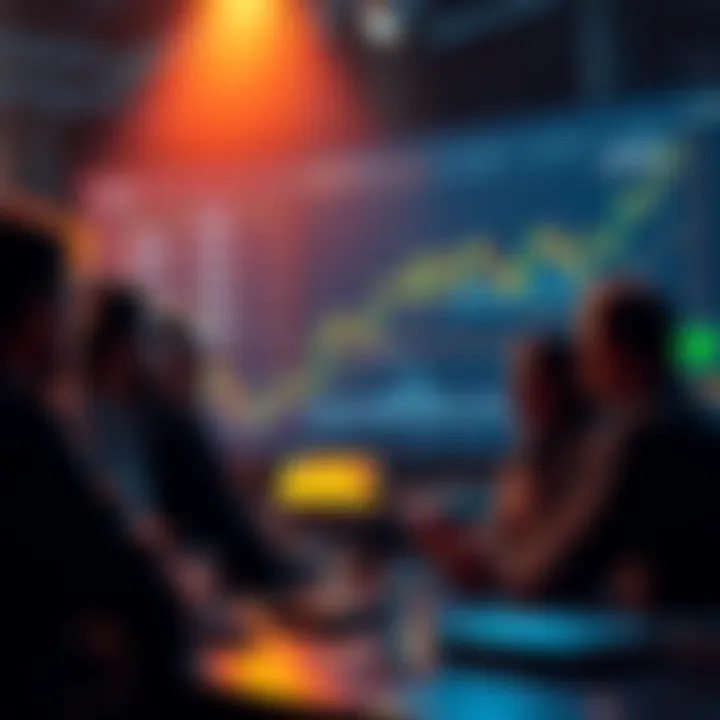 A group of people discussing cryptocurrency, with charts and graphs showing market activity related to Monero and Qubic.