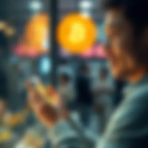 A person using a smartphone to send Bitcoin payment to a vendor, looking relieved and focused.
