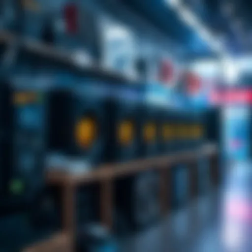A shop interior showing Bitcoin miners that operate quietly, with minimal noise while providing heating, set up on a counter and surrounded by equipment.