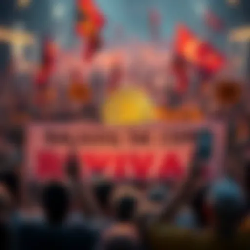 A group of people holding a banner to support a cryptocurrency revival, with coins in the foreground and a crowd cheering in the background.