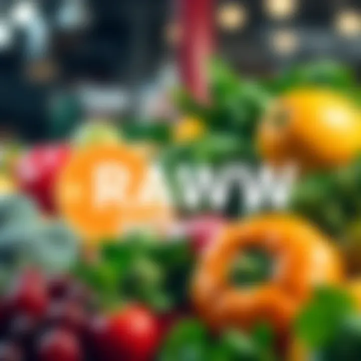 The RAWW Memecoin logo next to fresh fruits and vegetables, symbolizing food freedom and healthy choices