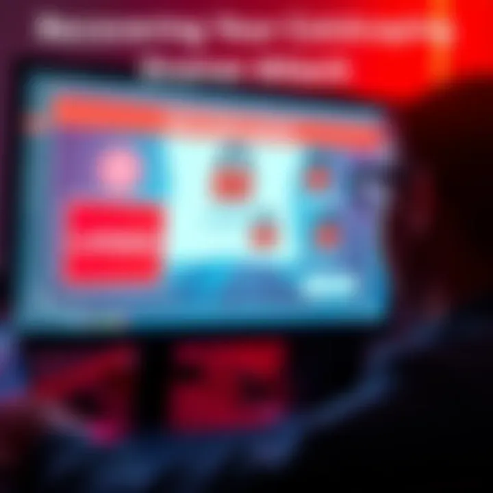 A person looking concerned at a computer screen, showing a warning about a compromised account, with images of locked assets on the screen.