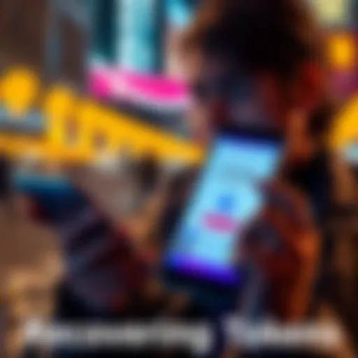 A person looking at a smartphone displaying the VeChainThor app, showing a message about recovering lost tokens, with a worried expression.