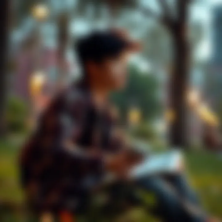 A young adult sits in a park, thinking about their future achievements and aspirations with a notebook in hand