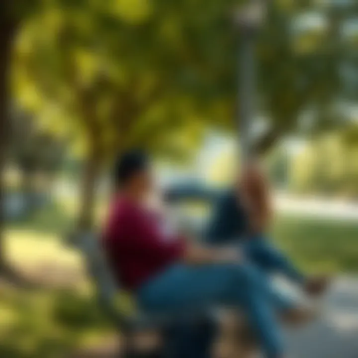 A peaceful park scene with people sitting on benches, enjoying the sunny weather and smiling. Trees provide shade as laughter fills the air.
