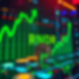 A graph showing the potential growth of Render (RNDR) in the cryptocurrency market with green upward trends, overlaid with digital currency icons.