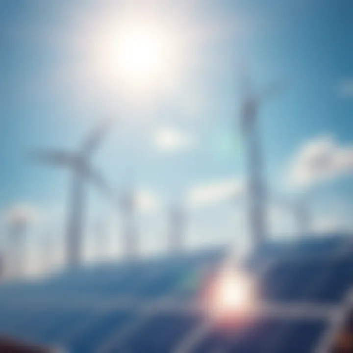 A wind farm and solar panels under a bright sky, symbolizing renewable energy advancements in 2025.