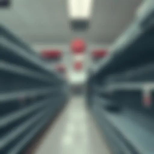 An empty retail store aisle with sparse shelves and sale signs, reflecting economic uncertainty
