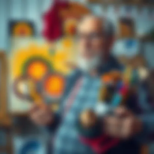A retired artist with art supplies in hand looks worried, representing loss and vulnerability in online transactions due to scams.