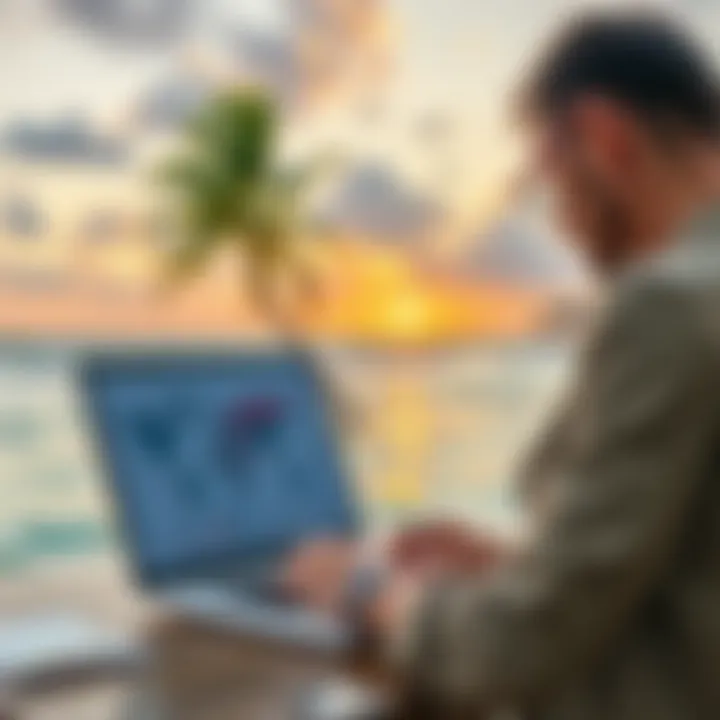 A person looking at financial charts on a laptop with a tropical beach in the background, symbolizing retirement options in low-cost living countries