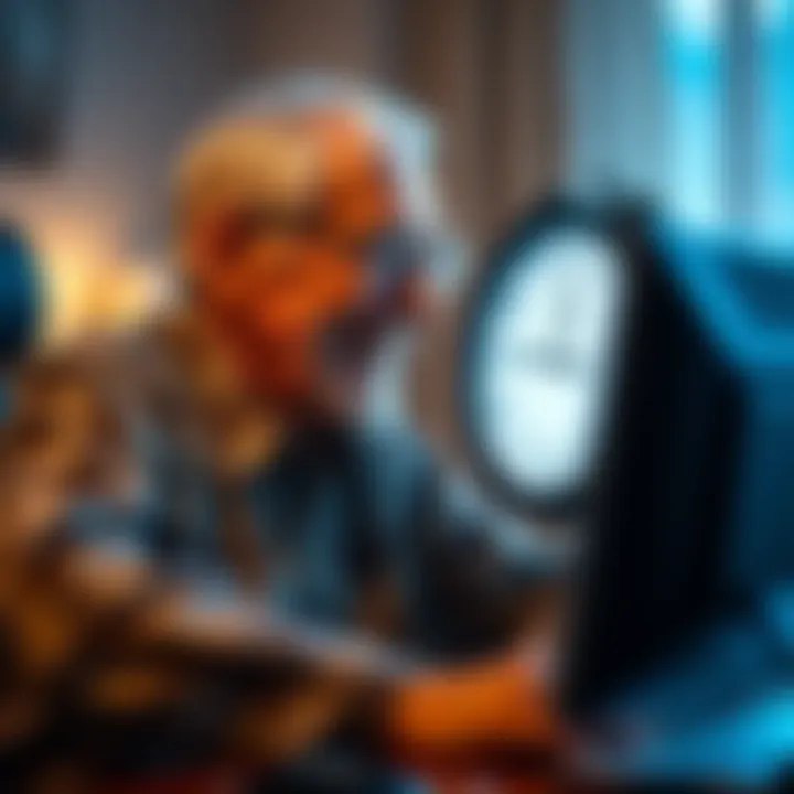 An elderly person looking at a digital portfolio on a computer, smiling briefly with a ticking clock in the background, symbolizing a short-lived retirement dream.