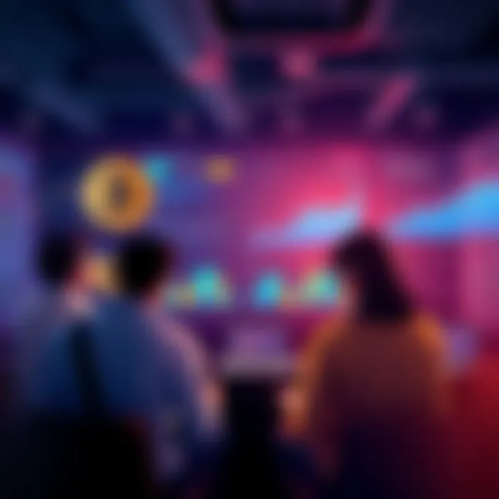 A group of people discussing a project coin on a user board, with charts showing past performance and future potential on screen.