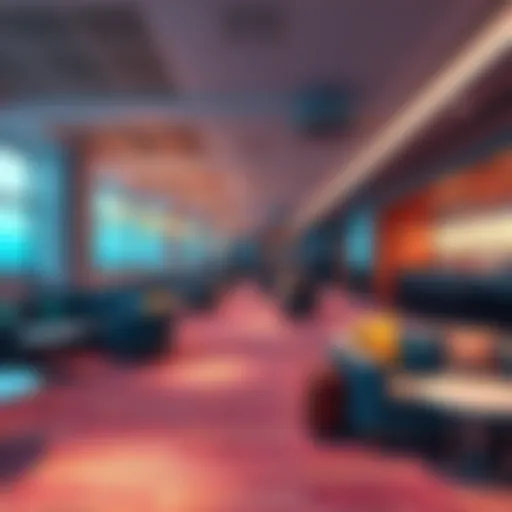 A stylish airport lounge filled with comfortable seating, modern decor, and travelers enjoying amenities