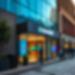 Exterior view of Revolut's headquarters in England, with concerned people outside discussing a recent email demand for withdrawal.
