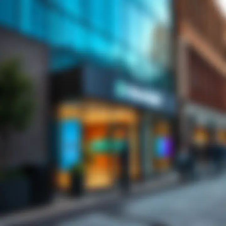 Exterior view of Revolut's headquarters in England, with concerned people outside discussing a recent email demand for withdrawal.