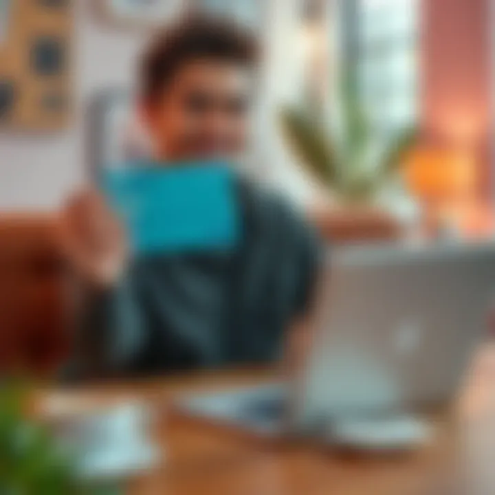 A person happily receiving a refund from Revolut Pay after a dispute related to a hostel stay, with a laptop and a cup of coffee on the table.