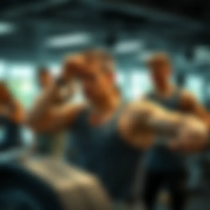 Richards performing an exercise in a gym surrounded by friends, looking energized and focused.