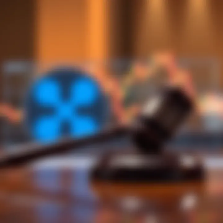 A judge's gavel with a backdrop of the Ripple logo and a declining chart representing XRP's price drop.