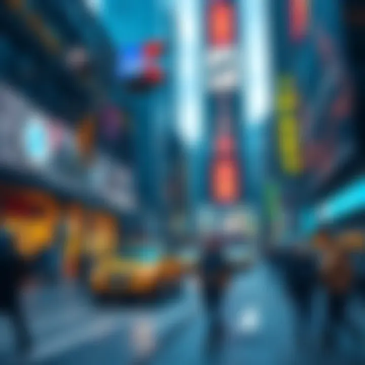 Ripple's team announces the acquisition of Hidden Road at a busy New York location, with a focus on the company logo and a vibrant urban setting.