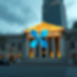 Ripple logo with a bank building in the background representing its pursuit of a U.S. banking license
