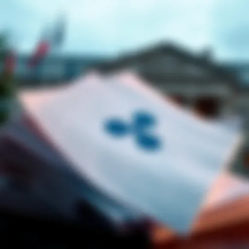 A stack of documents with a Ripple logo, highlighting concerns over authenticity and legitimacy, with a blurred background of the European Central Bank building.
