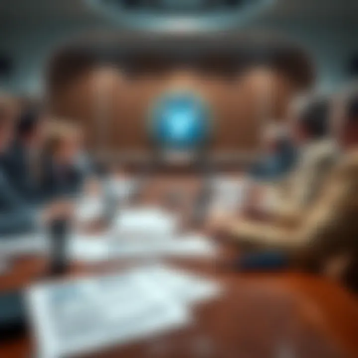 People discussing the Ripple SEC case in a meeting room with a focus on legal documents and Congress representatives' contact information on a table.