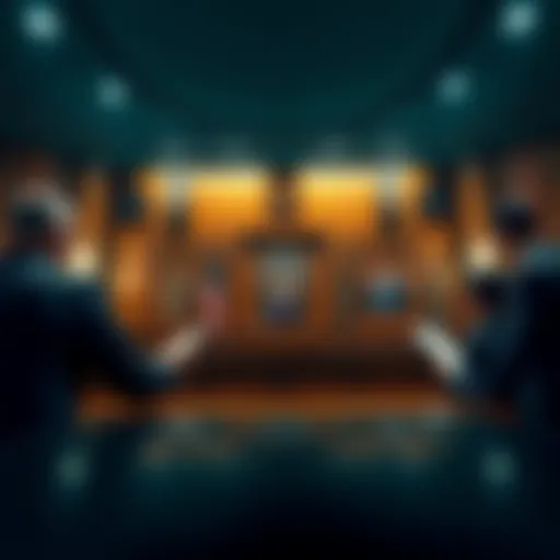 A depiction of the ongoing legal battle between Ripple and the SEC, showing a courtroom scene with lawyers and a judge