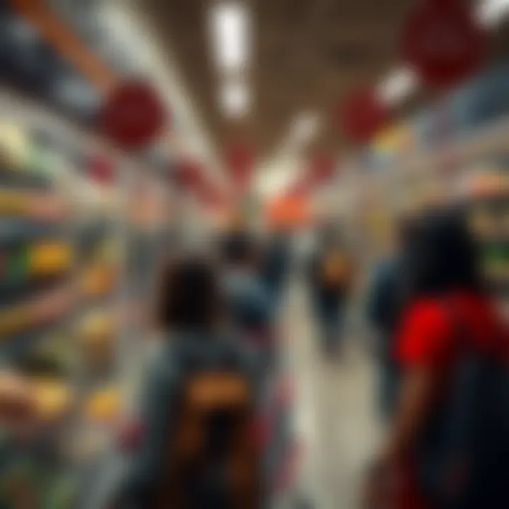 A crowded grocery store with shoppers looking at price tags that are significantly higher than usual, reflecting the impact of hyperinflation on everyday shopping.