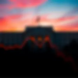 Graph showing increasing cryptocurrency values with a silhouette of the Federal Reserve building in the background