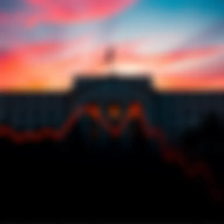 Graph showing increasing cryptocurrency values with a silhouette of the Federal Reserve building in the background