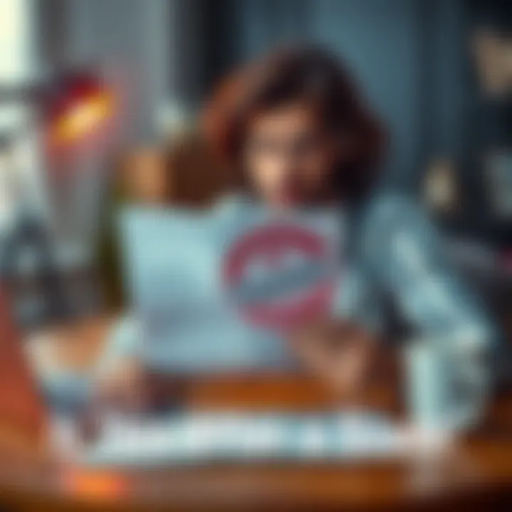 A person looking skeptical while reading a document labeled 'No Payments Needed' on a desk with a laptop and coffee cup