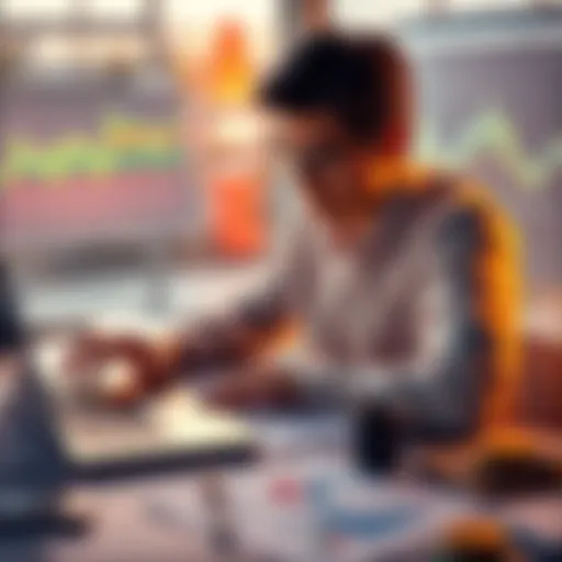 A person analyzing charts and graphs related to stablecoins and yield management applications, with a laptop and financial documents on a table.