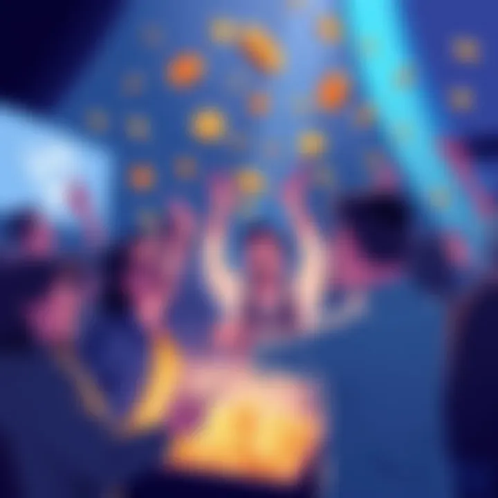 Illustration of people excitedly participating in the Rizenet airdrop, with tokens being distributed in the background.