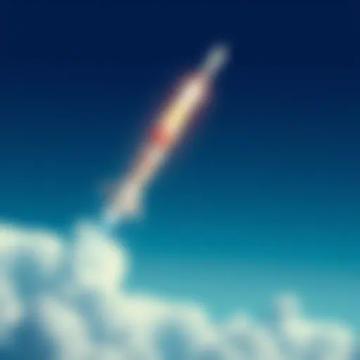 A powerful rocket soaring into the sky, symbolizing the mission to return to the Moon, surrounded by clouds and a blue horizon.