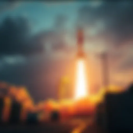 A rocket preparing for liftoff, with flames and smoke erupting from the base as it ascends into the sky.
