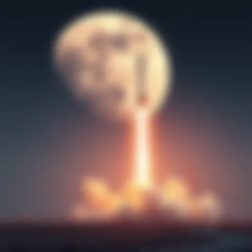 A rocket taking off with a clear view of the moon in the background, symbolizing lunar missions and upcoming space exploration.