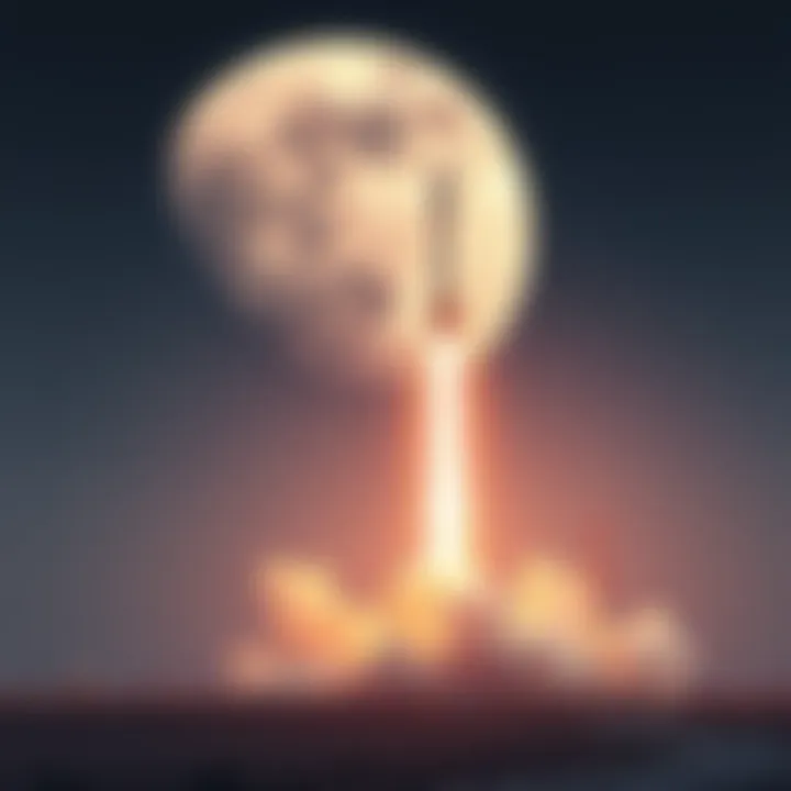 A rocket taking off with a clear view of the moon in the background, symbolizing lunar missions and upcoming space exploration.