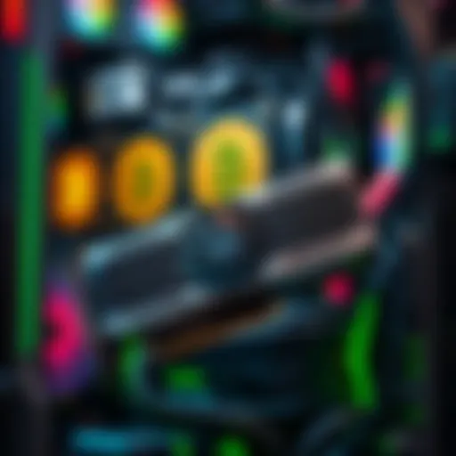 A close-up view of an RTX 3060 graphics card installed in a mining rig with Bitcoin logos in the background