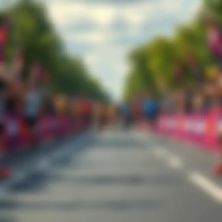 A group of enthusiastic runners participating in a 5k race, with a clear path ahead and cheering spectators lining the sides