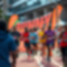 A lively community running event featuring diverse participants engaging in fitness activities together with bright banners promoting health and wellness.