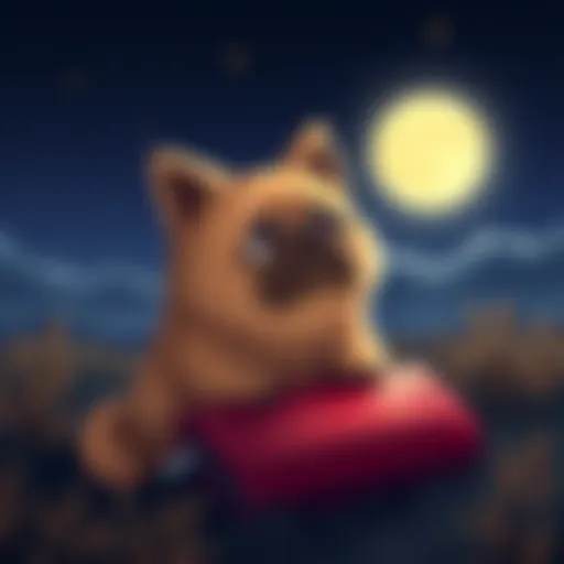 A sad-looking cartoon dog with big eyes, sitting on a red wallet, gazing at a shining moon and twinkling stars, symbolizing hope for the future.