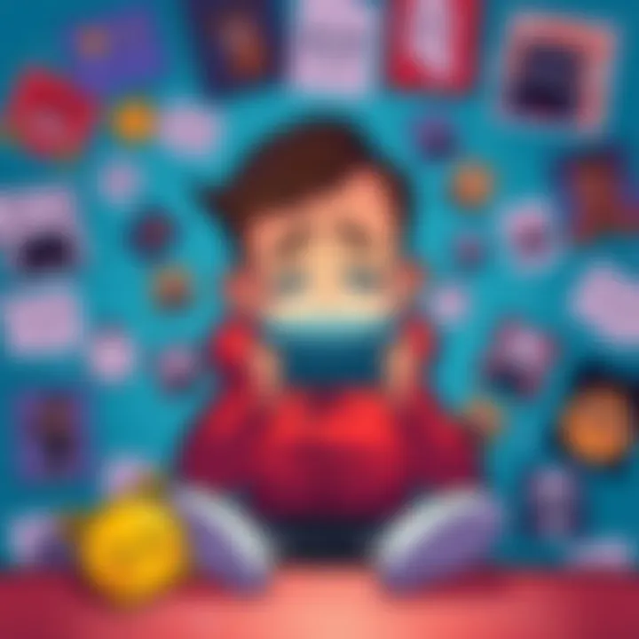 A cartoon character looking sad while scrolling through memes on a phone, surrounded by various sad meme images.