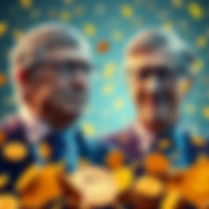 A visual representation of Satoshi Nakamoto's wealth overtaking Bill Gates, featuring bitcoins and dollar signs