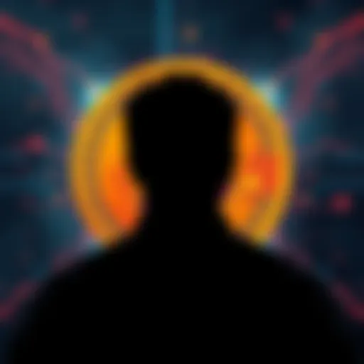 A silhouette of a person in front of a digital Bitcoin symbol, representing the mysterious creator Satoshi Nakamoto.